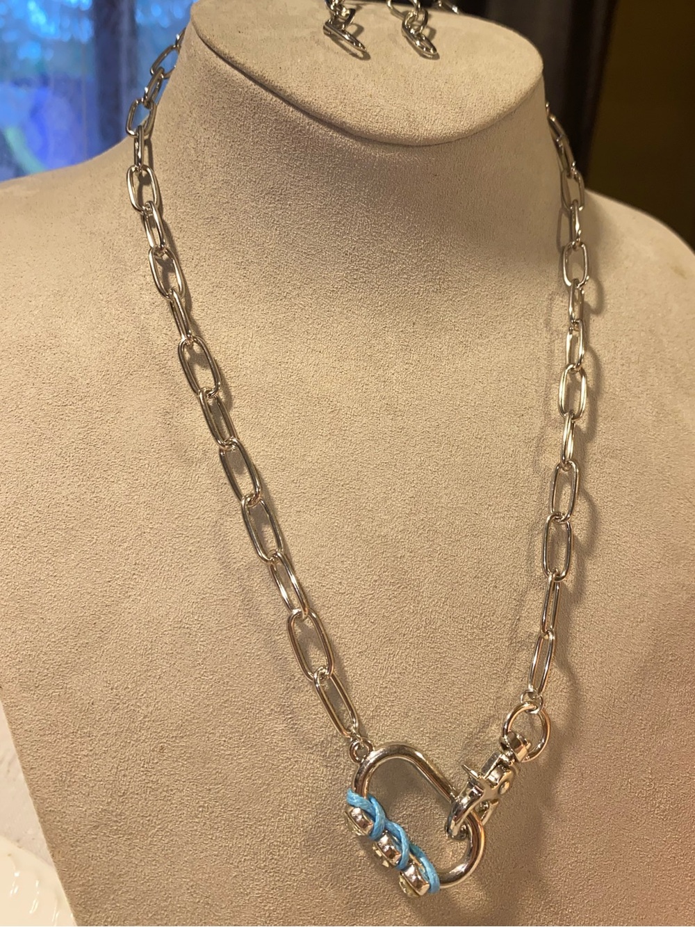 Paparazzi Silver Chain Necklace with Blue Accent Lock Pendant and Earrings